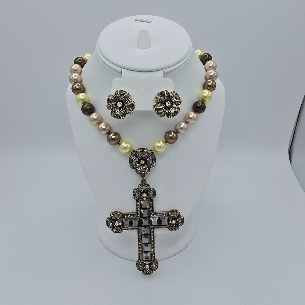 Heidi Daus Vintage Pearl and Crystal Cross Statement Necklace and Earring Set